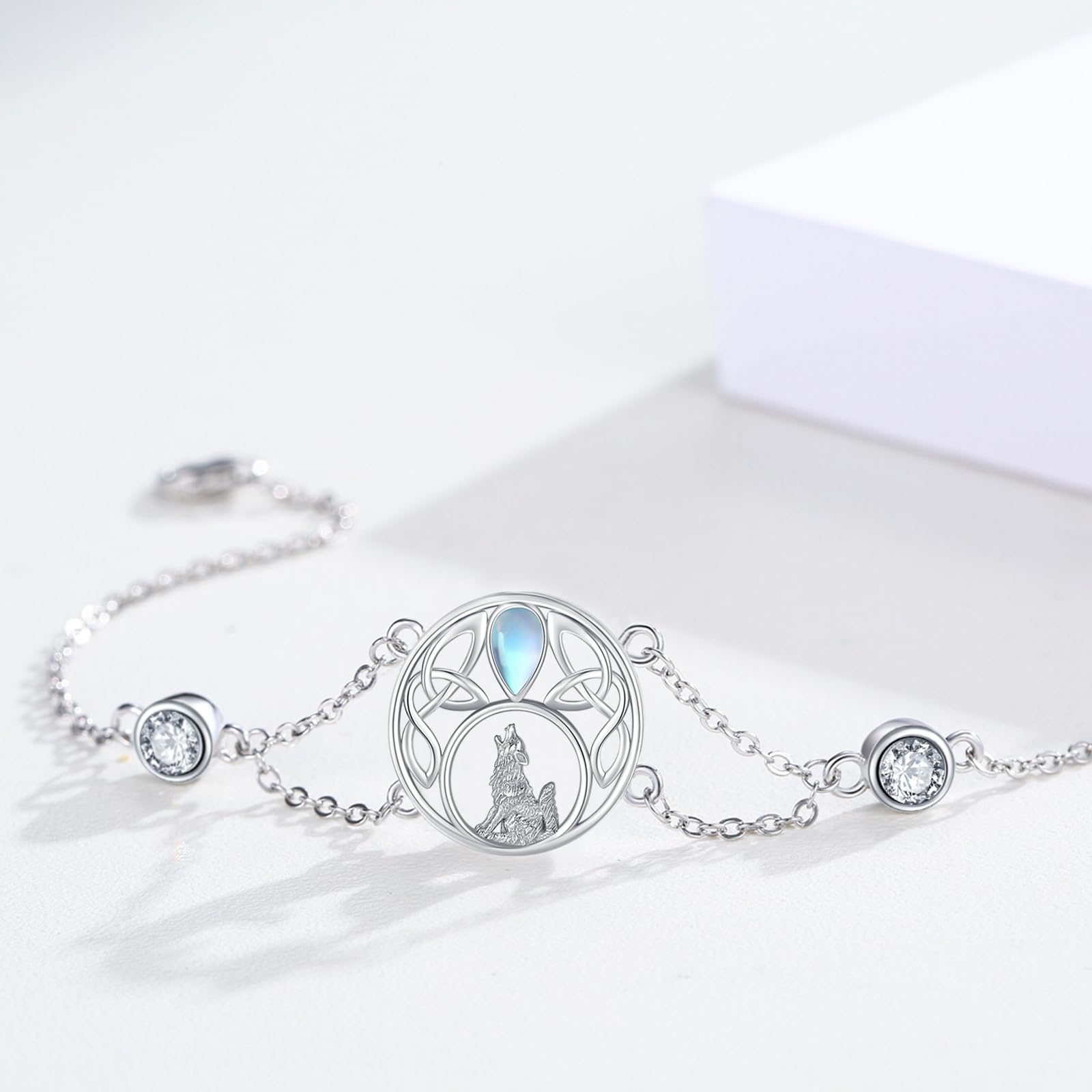 Pulseras de lobo de plata de ley 925 con piedra lunar, nudo celta, pulseras de animales de lobo, pulseras ajustables de circonita cúbica, regalos de joyería para mujer, Plata de ley Circonia cúbica