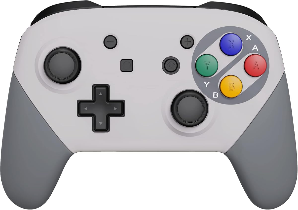 eXtremeRate SFC SNES Classic EU Style Faceplate Backplate Handles for Nintendo Switch Pro Controller, Soft Touch Replacement Grip Housing Shell Cover with Colorful ABXY Buttons for Nintendo Switch Pro