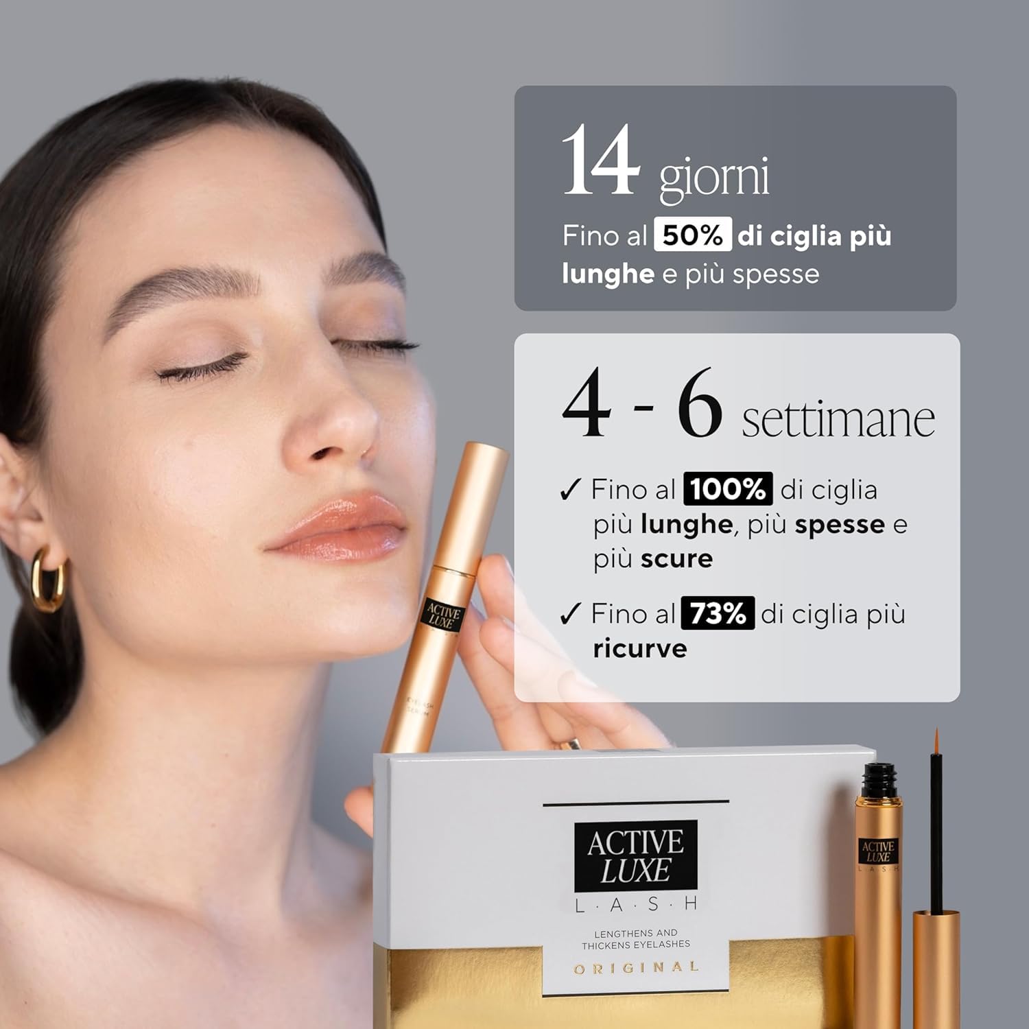 Active Luxe Siero Ciglia Allungante, 1.5 ml | Siero Crescita Ciglia Clinicamente Testato, Senza Ormoni, Vegan, Ciglia Allunganti Naturali, Effetto Lash Lift