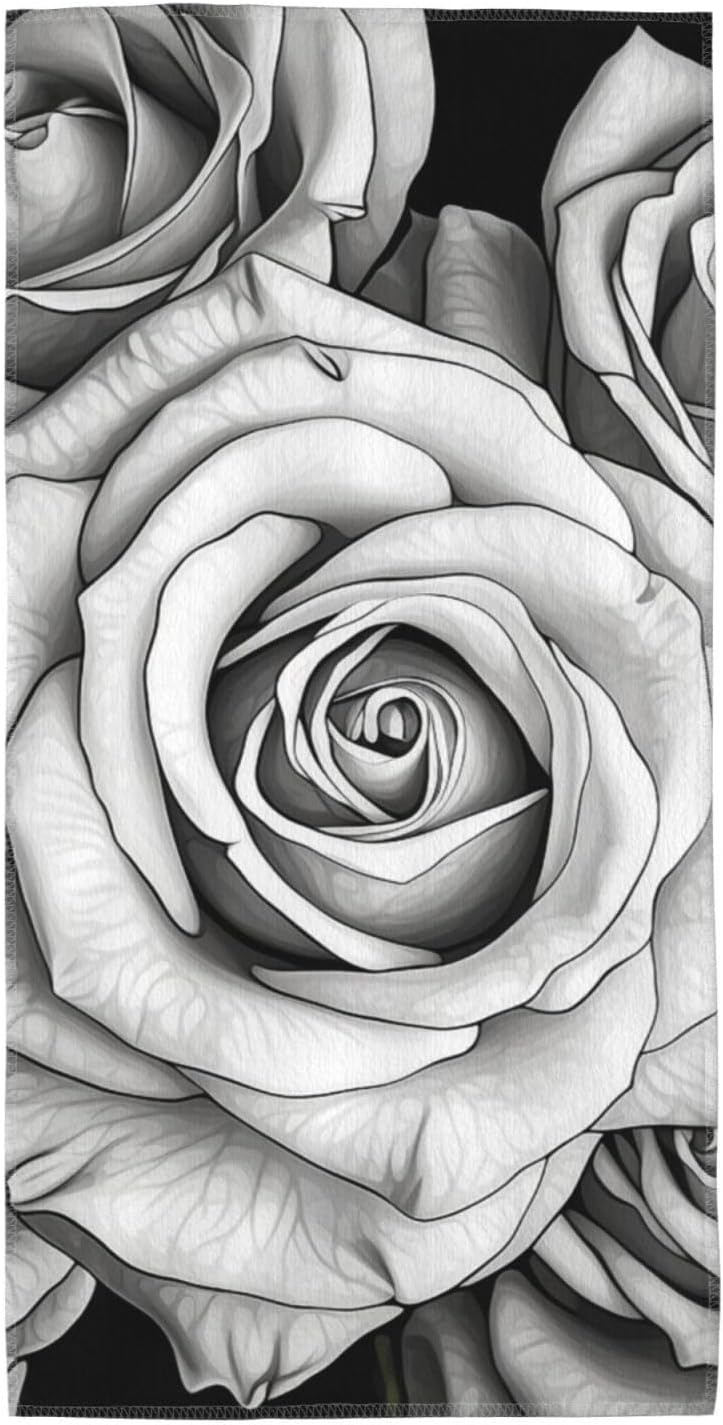 Black White Rose Bath Towels 12″x24″ Lightweight Microfiber Fingertip Hand Towels Wash Coths Quick Dry Absorbent Gym Towel Ultra Soft Beach Towel for Yoga, Hotel, Spa, Travel