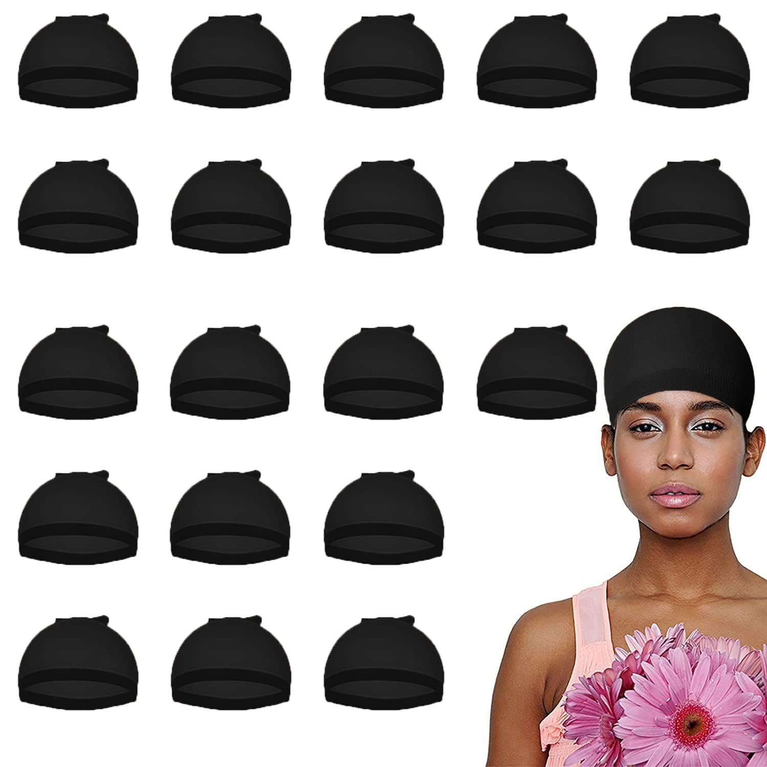 Smilco 20-Piece Black Lace Front Stocking Cap - Stretchy Nylon Wig Cap for Women's Wigs, Black