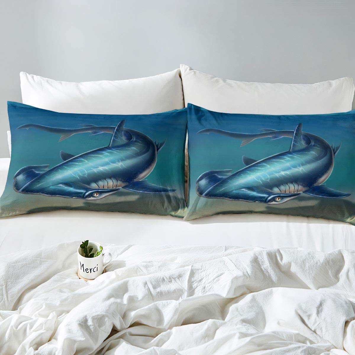 Shark Comforter Cover Hammerhead Shark Bedding Set for Boys Girls Ocean Marine Duvet Cover Underwater Animal Bedspread Cover Single Size 2Pcs - Image 3