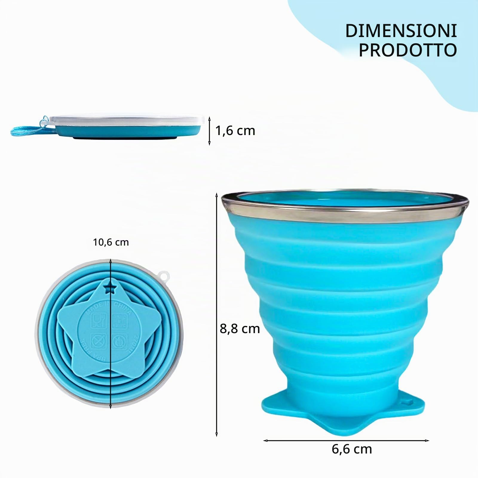 2 Tazze Pieghevoli Silicone 270ml con Coperchio & Gancio, Bicchiere Portatile Campeggio, Escursione, Viaggio, Trekking, Riutilizzabile, duo color set