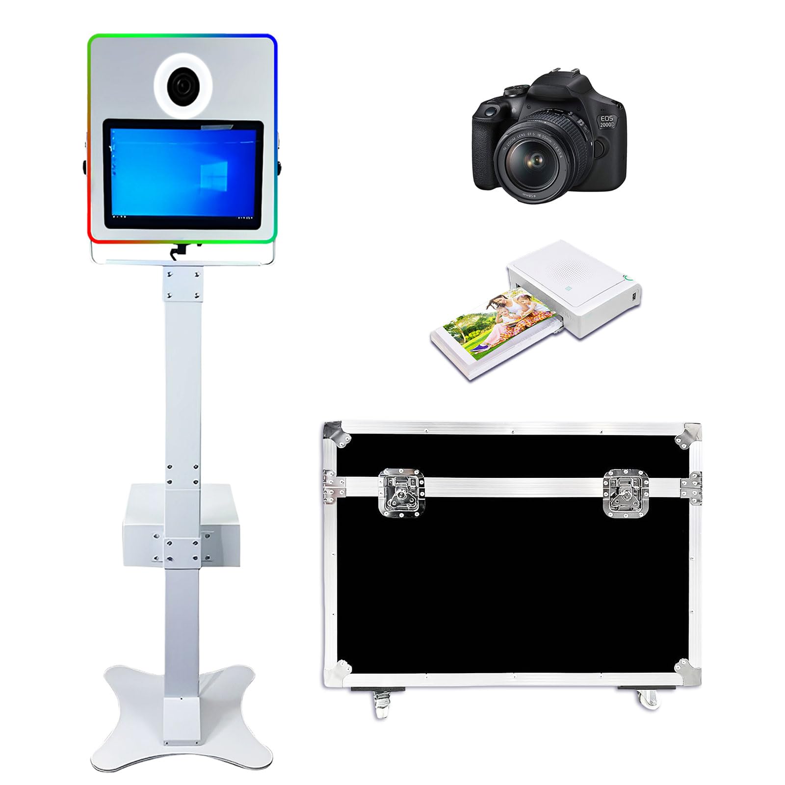 Portable 15.6 Inch DSLR Photo Booth Machine Touch Screen Camera Photobooth with RGB Light Ideal for Weddings,Parties,Celebrations,and Events Rental (White, Photo Booth+Camera+Mini Printer)