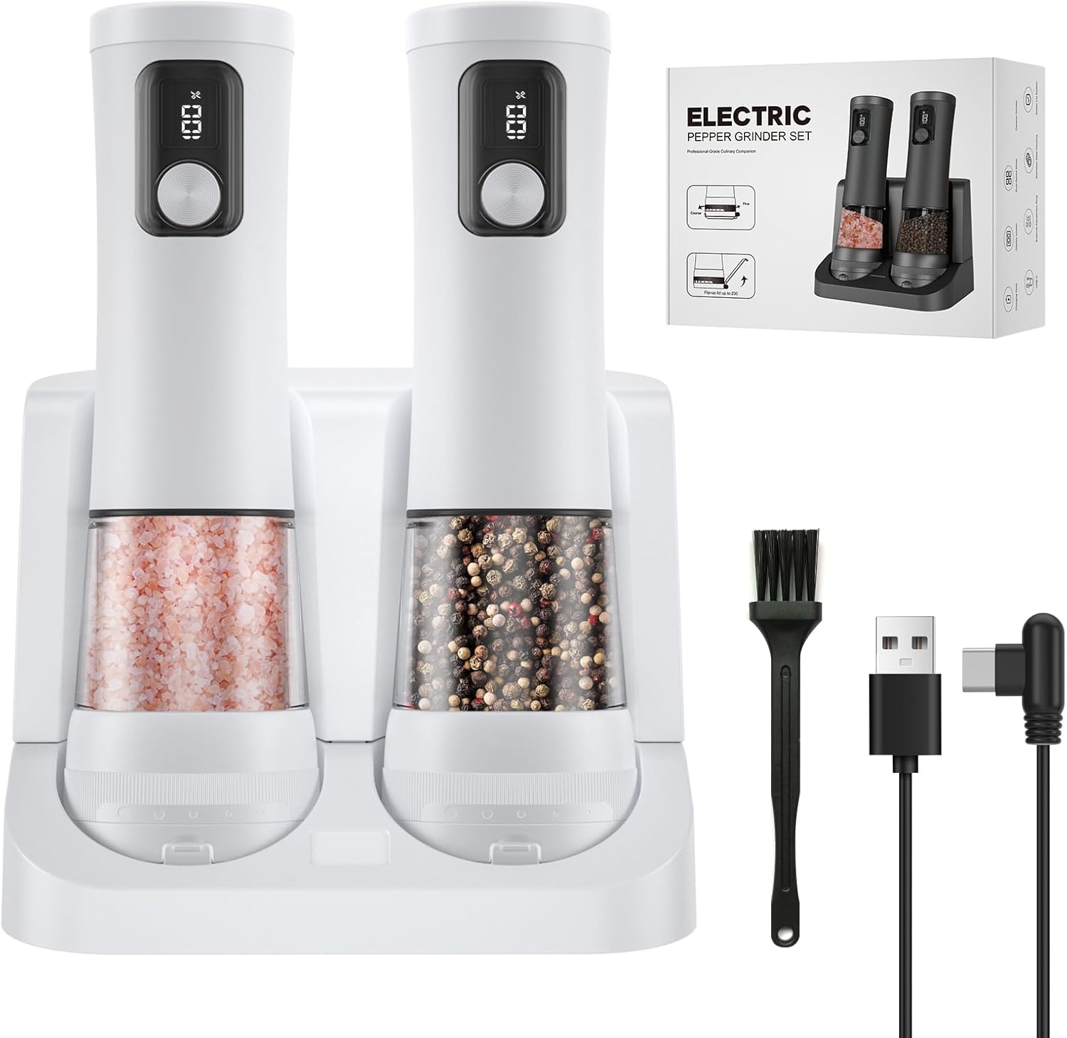 2 Pack Electric Salt and Pepper Grinder Set, Rechargeable Automatic Pepper Mill,with Charging Base,5 Level,Display,LED Lighting,Large Capacity,Kitchen Gift (2, Black, Charging Base) (2, White)