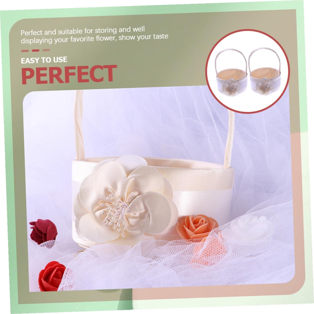 Wedding Flower Girl Basket Satin Light Gold Round Handheld Basket Floral Petal Holder for Bridal Ceremony Party 2Pcs Set