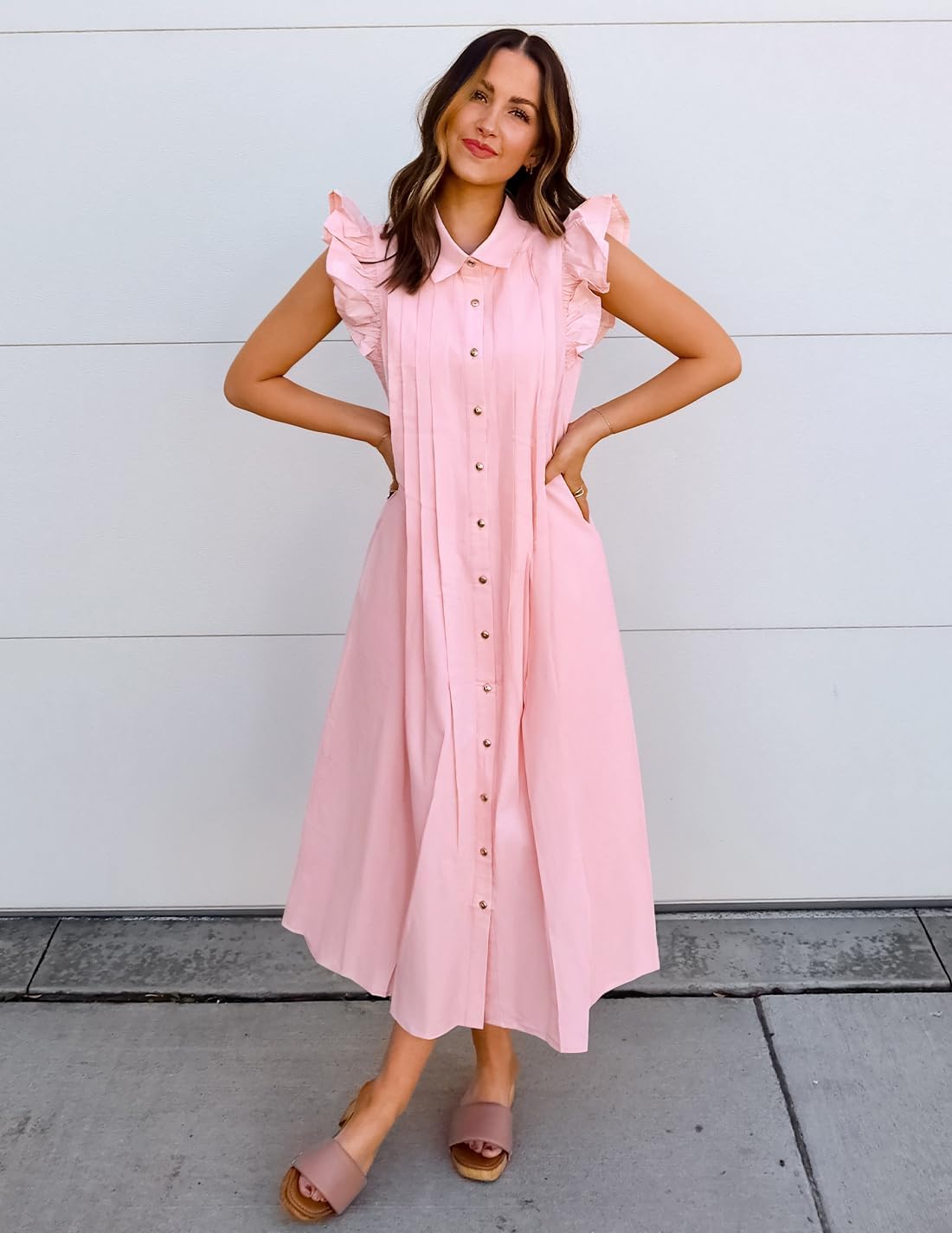 ZESICA Womens Summer Button Midi Dresses 2026 Flutter Short Sleeve Belted Business Casual Work Long Dresses with Pockets - Image 9