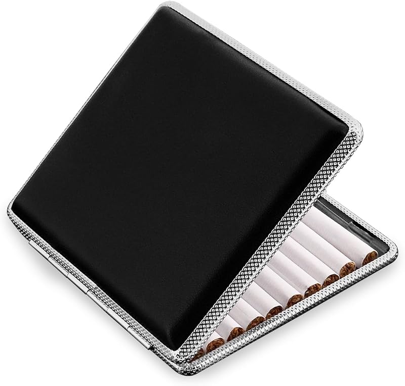 ZUFECY Leather Cigarette Case, Thin Metal Cigarette Case, 20 Capacity for Regular, Elastic Strap Cigarette Case for Smokers, 84mm Regular Size (Black)