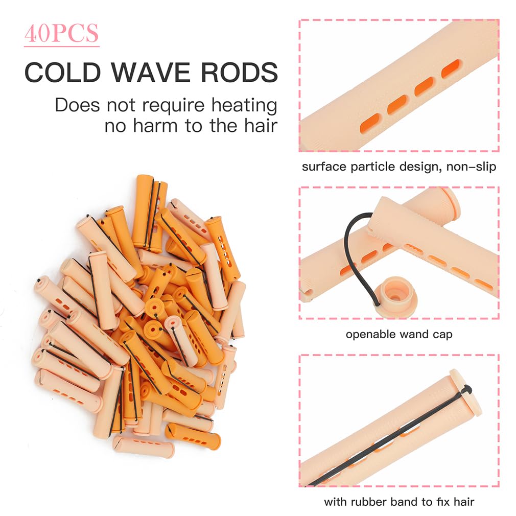 40 PCS Hair Rollers Plastic Perm Rods for Long Short Hair Cold Wave Rods Non-Slip Heatless Medium Size Orange Color+Yellow Color