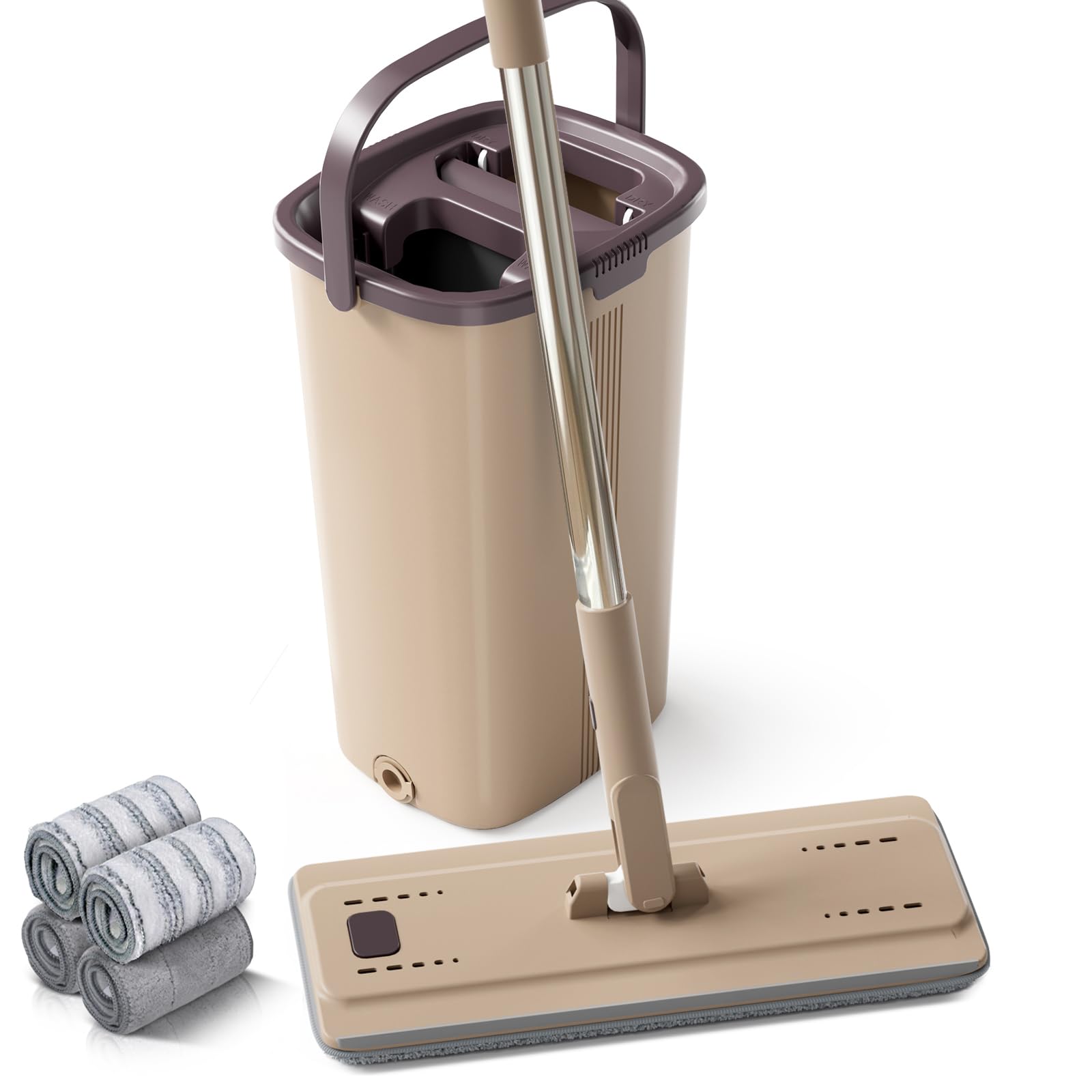 Masthome Wischmopp Set mit Eimer,2 In 1 Putzeimer mit Wischmop,Flacher Bodenwischer mit Mikrofaser Pad Hand-Frei Mopp Set und Eimer für Hartholz,4L