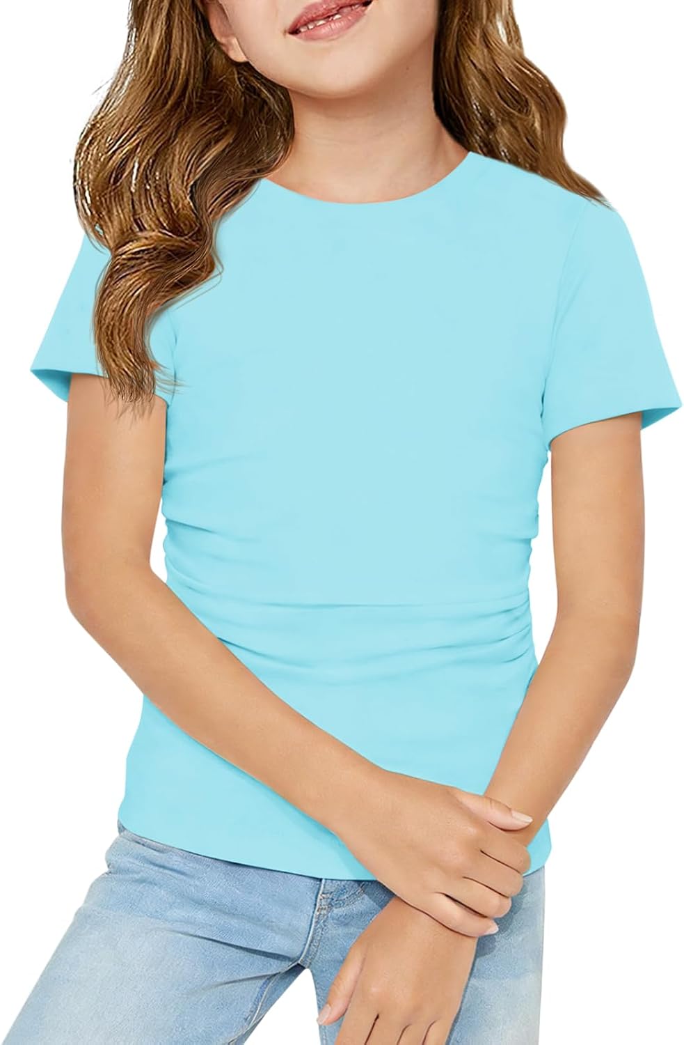 Haloumoning Girls Short Sleeve T Shirts Kids Ruched Side Slim Fit Tops Casual Crewneck Tees 5-14 Years