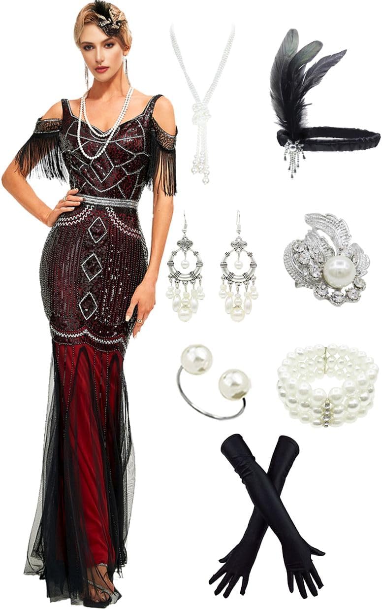 1920s Sling Offer Shoulder Tassel Flapper Fringe Long Mesh Mermaid Hem Dress Gatsby w/Accessories Set