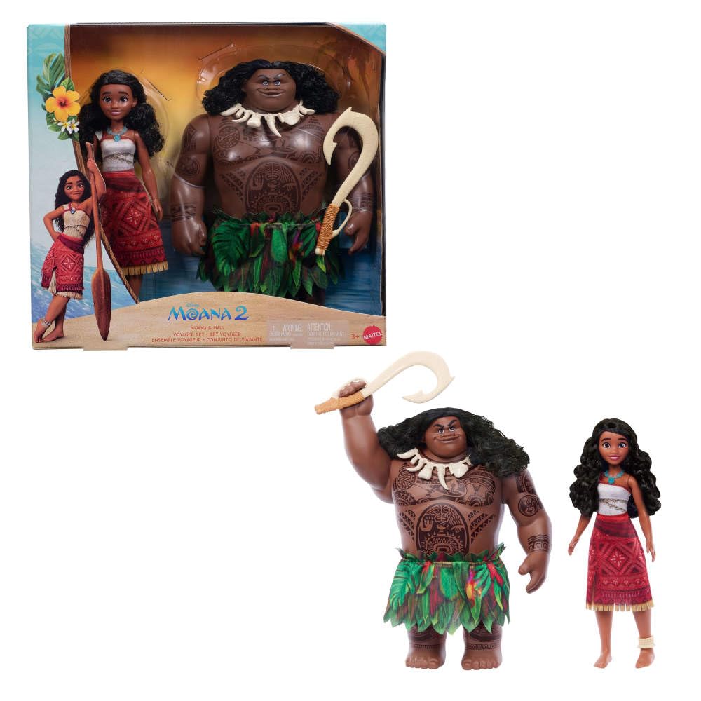 Mattel Disney Moana 2 Voyager 2 Doll Set, Moana & Maui Fashion Dolls in Removable Outfits with 4 Accessories, Inspired by The Movie