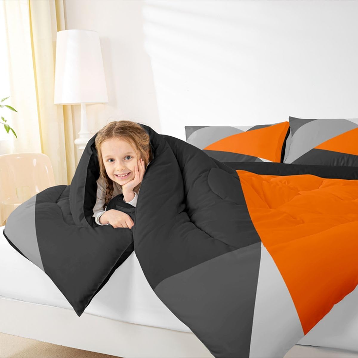 Orange And Gray Comforter Set Queen Patchwork Geometric Triangle Bedding Set Orange Black Light Grey Down Comforter For Kids Adults Modern Simple Abstract Quilt Duvet Insert 2 Pillow Cases - Image 5