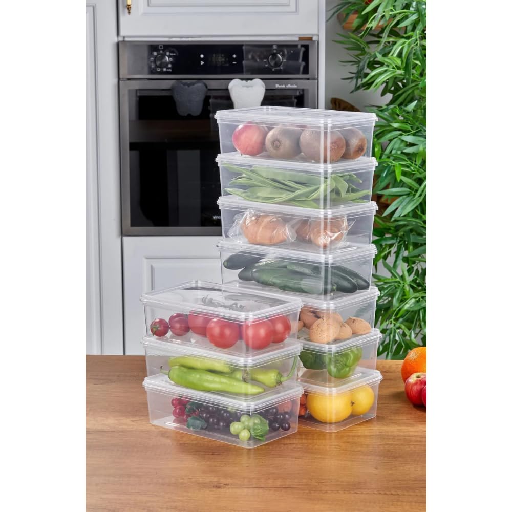 Arel - 10'lu Set Yandan Açılır Kapaklı Saklama Kabı, 10 Adet 2000ml Dikdörtgen Şeffaf Kendinden Kapaklı Saklama Kabı, BPA İçermez, Buzdolabı, Dondurucu ve Dolap Organizeri