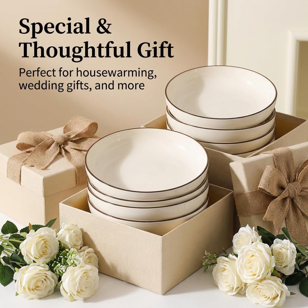 Pasta Bowls Set of 6, 24.5oz Ceramic Salad Bowls, 7.5 inch Shallow Soup Plates for Spaghetti, Dessert and Fruit, Glossy Glazed Serving Dishes with Hand-Painted Rim, Microwave Dishwasher Safe