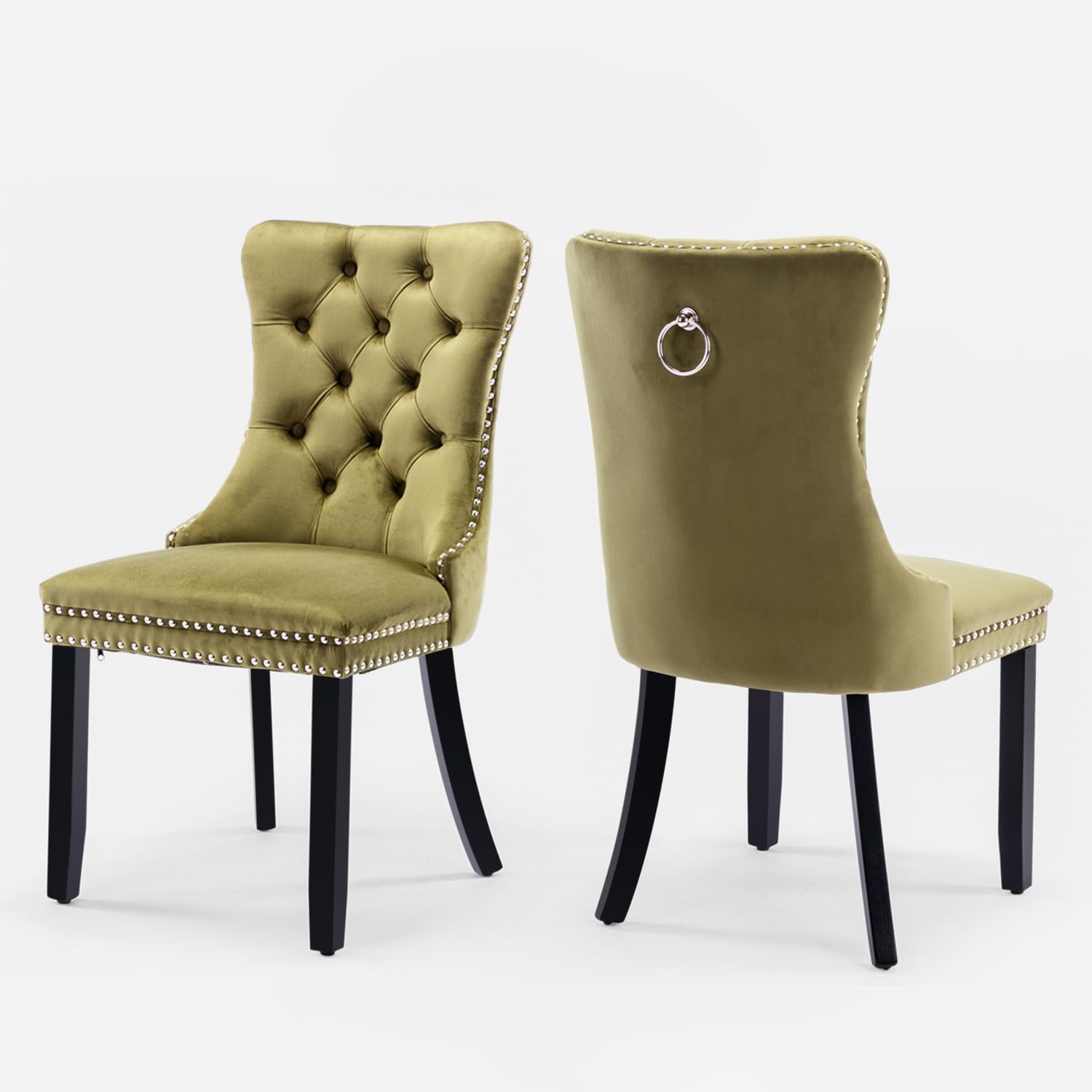 Velvet Upholstered Dining Chairs Set of 2, Modern Style Kitchen Side Chairs with Nailhead Trim and Wood Legs,Metal Pulling Ring for Dining Room Living Room(Olive Green,Set of 2)