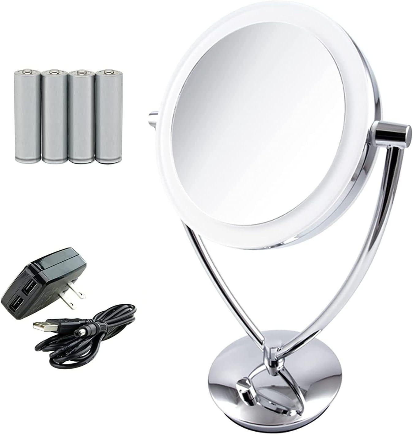 Ovente 8" Lighted Tabletop Makeup Mirror with 1X/10X Magnification, Double-Sided Magnifying Vanity Mirror, Dimmable LED Lights, 360° Swivel Design and Dual Power Supply, Polished Chrome MLT75CH1X10X