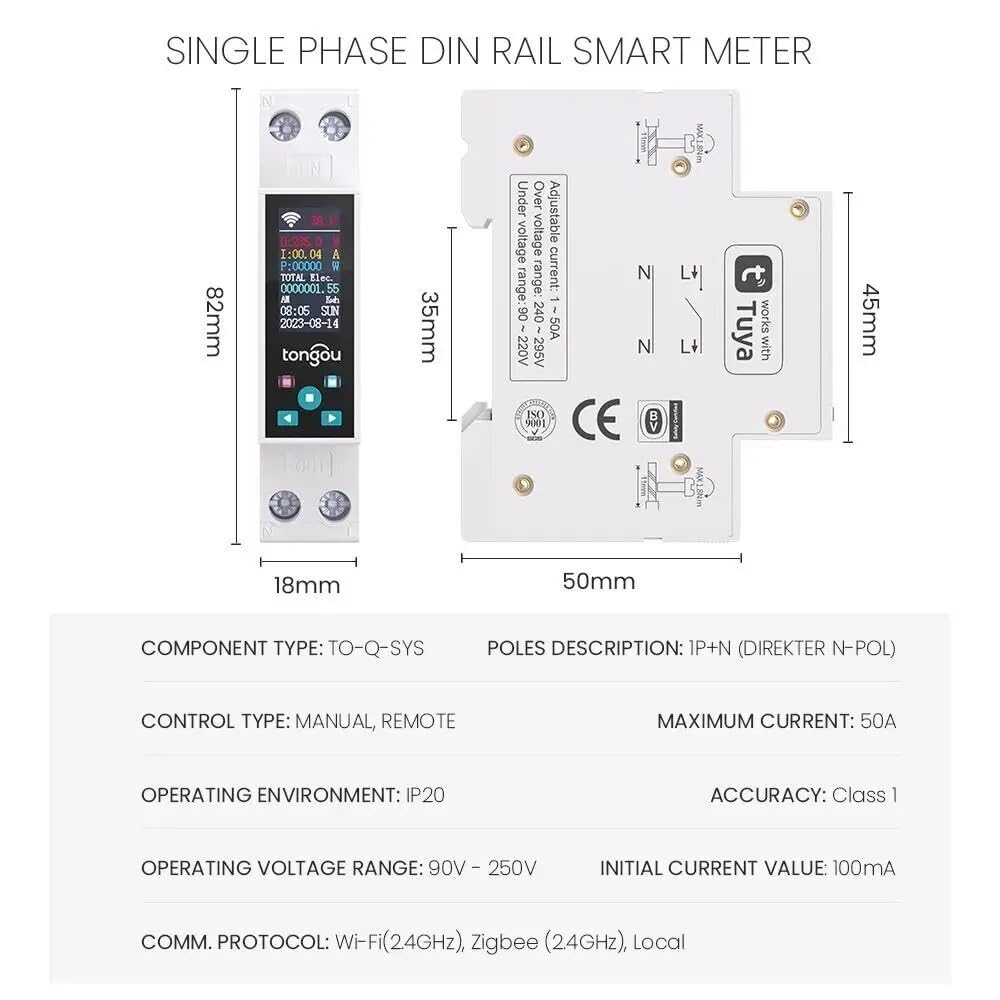 Disyuntor,Interruptor AutomáTico MagnetotéRmico Interruptor Inteligente Tuya WIFI 1P 50A, Disyuntor, LED, Medidor De Energía, KWh, Temporizador Y Relé