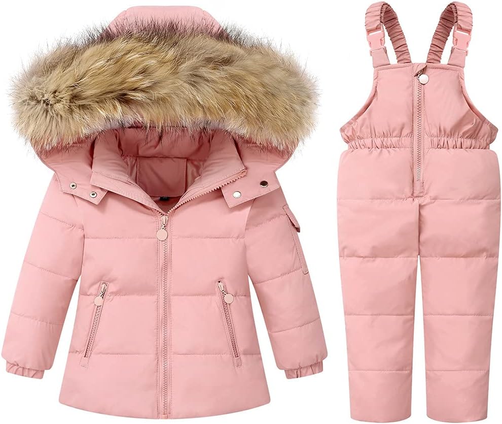 Baby Girls and Boys Winter Warm Hooded Fur Trim Zipper Snowsuit Puffer Down Jacket with Snow Ski Bib Pants