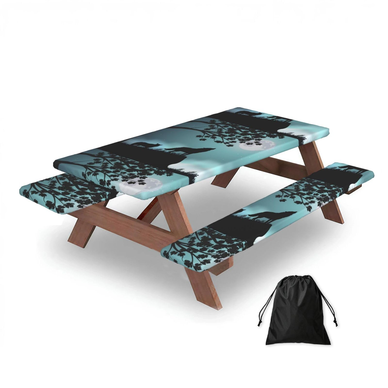 Dopklna As Picture Wolf, Picnic Table Cover With Bench Covers -Waterproof Elastic Fitted Tablecloth For Garden Camping Patio 76X152cm