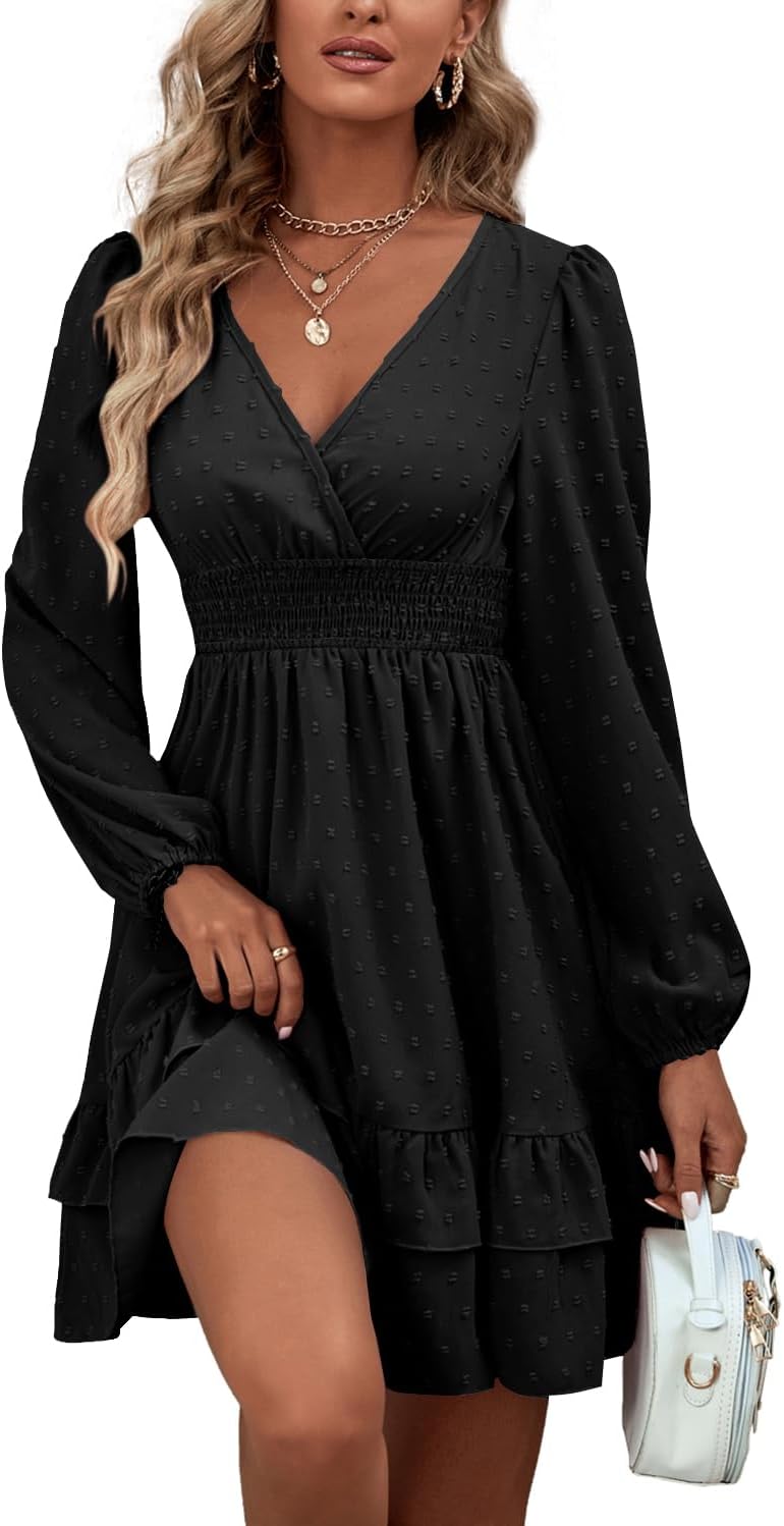 Rooscier Women's Wrap V Neck Swing Ruffle Swiss Dots Long Sleeve Mini Dress - Image 3