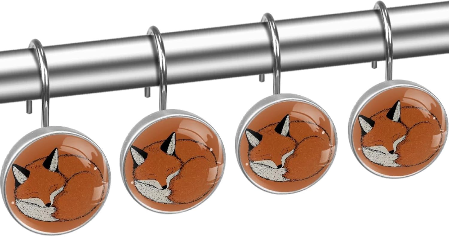 12Pcs Sleeping Fox Shower Curtain Hooks for Bathroom, Round Home Decorative Shower Curtain Rings, Modern Shower Curtain Hangers Bathroom Accessories