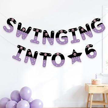 Swinging into 6 Pre-Strung Birthday Banner, Cartoon Themed Party Decorations for Boys Girls, Indoor Outdoor Celebration Black Purple