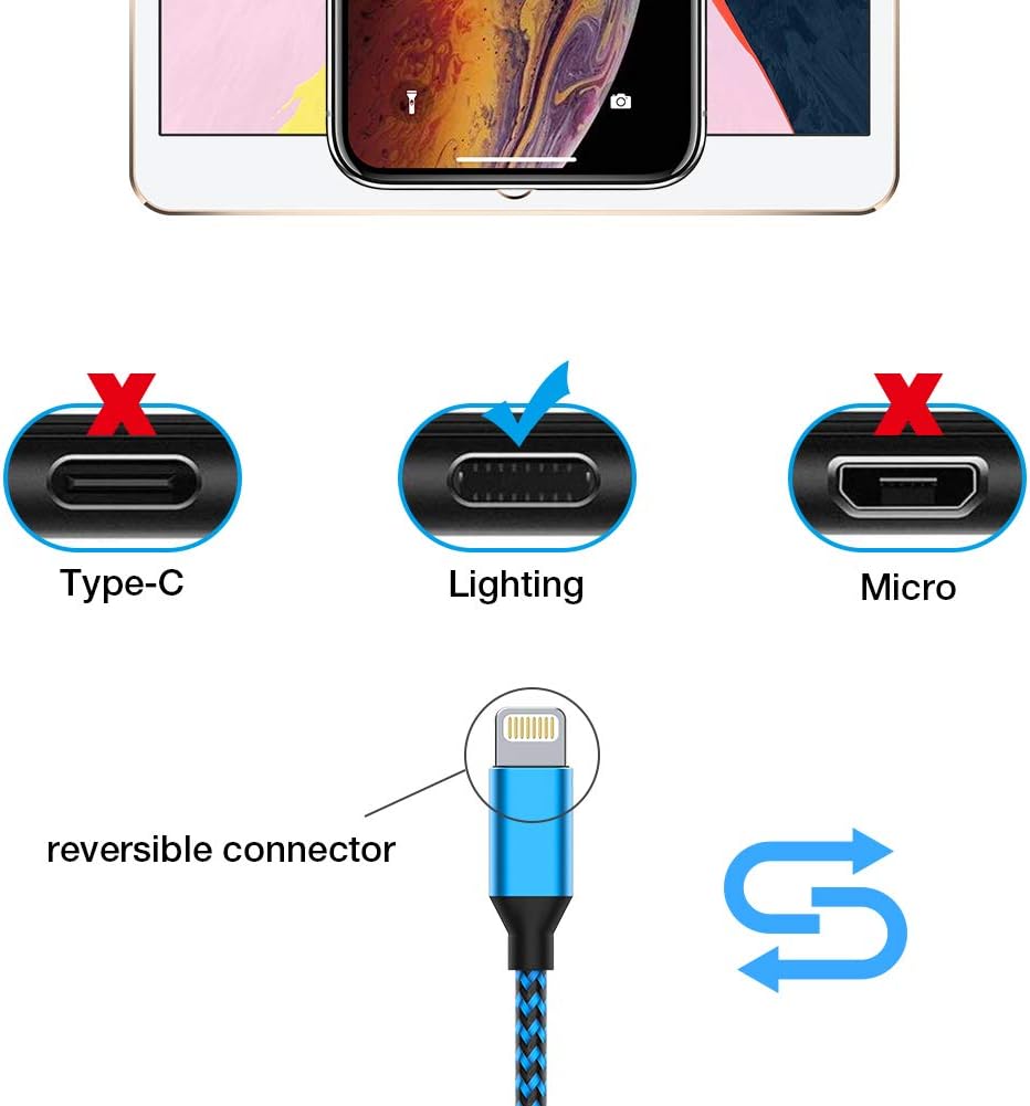 PLmuzsz iPhone Charger Cable,MFi Certified 5 Pack-6FT Durable High-Speed Charger Nylon Braided Cord Compatible iPhone11 Pro Max/Xs/Max/XR/X/8Plus/7Plus/6S Plus/SE/iPad/Nan Light Blue