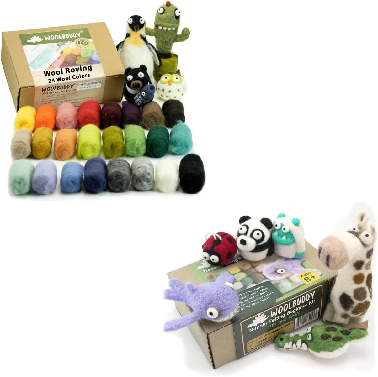 Woolbuddy 24-Color ECO Wool Roving Kit + Needle Felting Beginner Kit – Complete Wool Felting Starter Bundle for Adults & Kids, DIY Craft Kit with Needles, Mat & Instructions, Perfect Holiday Gift