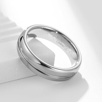 Mens Womens Tungsten Carbide Engagement Wedding Rings (6mm Width) Modern Classic Curved Surface Fine Groove Design Black Gold Silver
