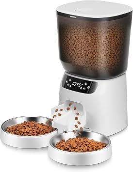 Automatic Cat Feeders for Two Cats, 5L/20 Cups Double Automatic Cat Food Dispenser with 2 Stainless Bowls, Timer Setting 20 Portions 6 Meals Per Day, 10s Meal Call White