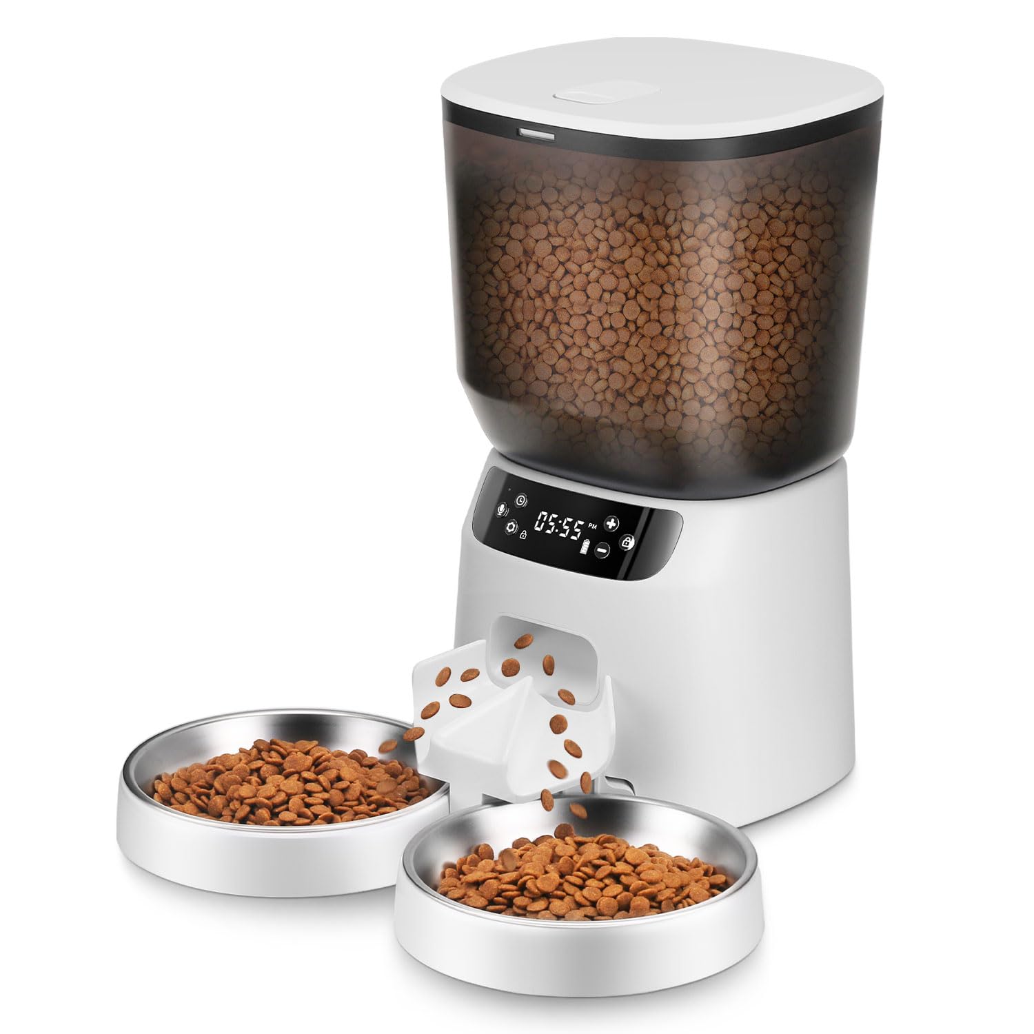 Automatic Cat Feeders for Two Cats, 5L/20 Cups Double Automatic Cat Food Dispenser with 2 Stainless Bowls, Timer Setting 20 Portions 6 Meals Per Day, 10s Meal Call, Pet Feeder for Dog (White, 5L)
