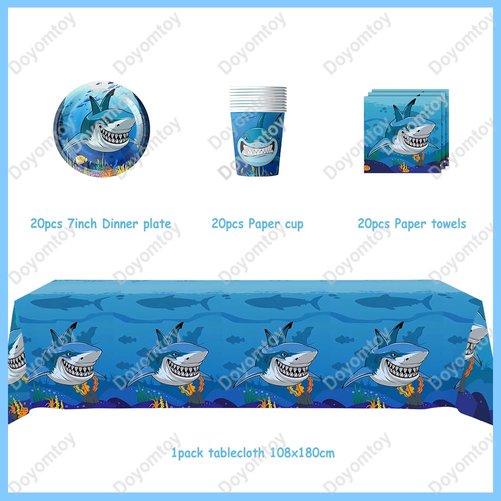 Stoviglie per Feste Squalo,Doyomtoy Animali Oceanici Compleanno Squali Decorazioni Ocean Sea Piatti di Compleanno, Tazze, Tovaglioli per Bambini Compleanno Favors 20 Ospiti