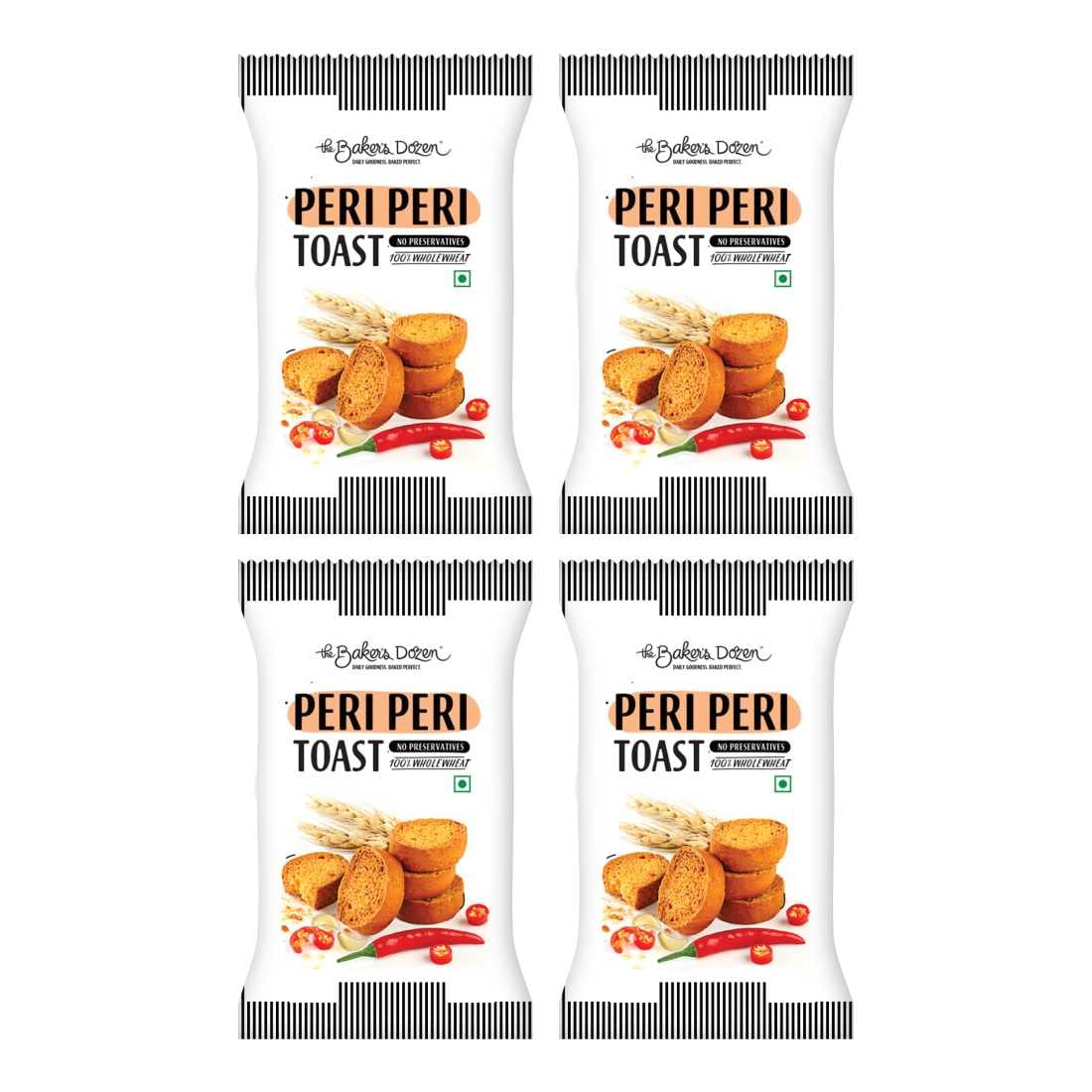 The Baker's Dozen 100% Wholewheat Peri Peri Toast | Flavoured with Fiery Peri Peri Seasoning | Noi Maida | No Preservatives | Healthy Munching Option | Pack of 4 x 70g