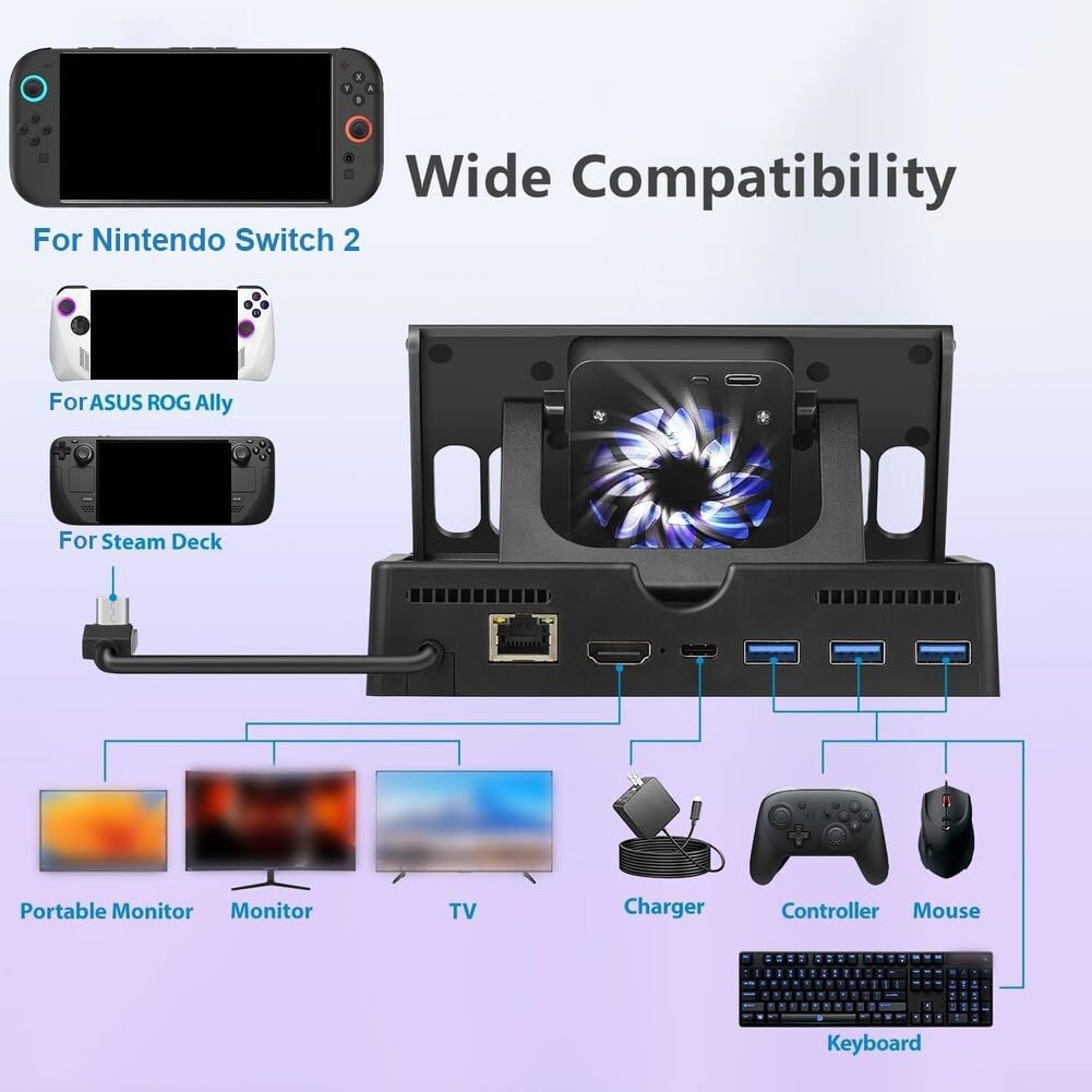 Estación de acoplamiento para Nintendo Switch, altura ajustable con USB 3 0 y ventilador de refrigeración para jugadores