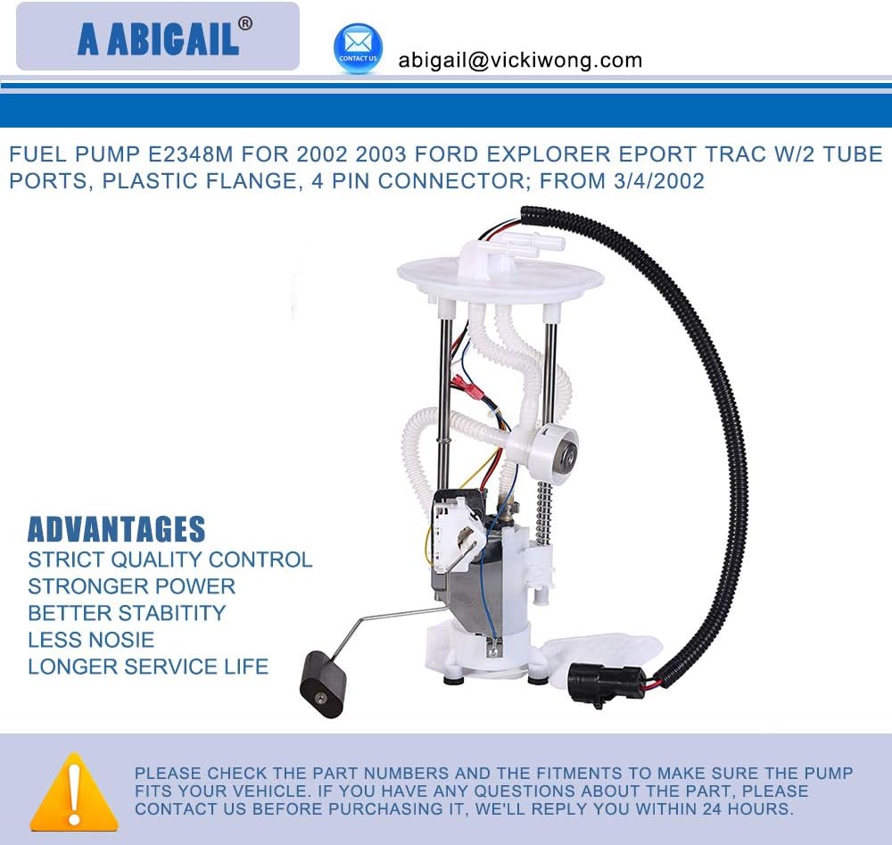 Fuel Pump E2348M Replacement for 2002 2003 Ford Explorer Eport Trac w/2 tube ports, plastic flange, 4 pin connector; from 3/4/2002