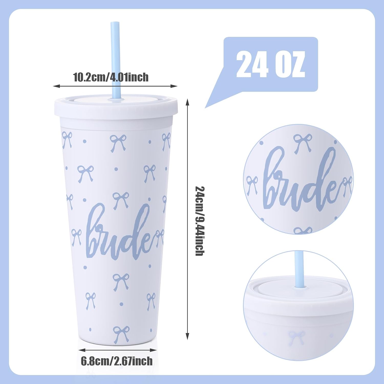 24 oz White and Blue Bride Tumbler Bachelorette Supplies, Wedding Morning Drinkware, Bach Party Decorations, Bride to Be Before I Do(Blue Bow) - Image 2