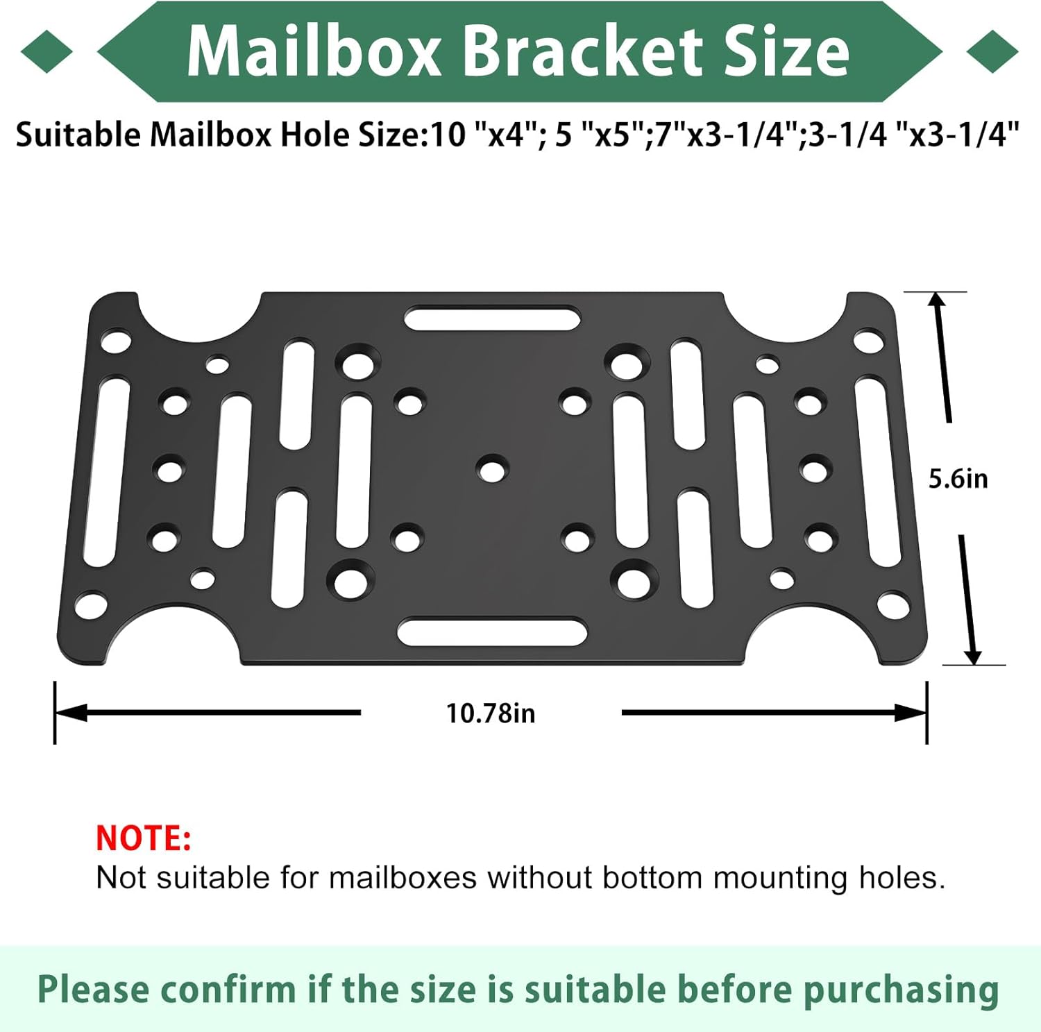 Universal Mailbox Mounting Bracket, Black Steel, Post Mount, 4mm Thick, Fits Most Sizes, Bottom Mount, Includes Hardware