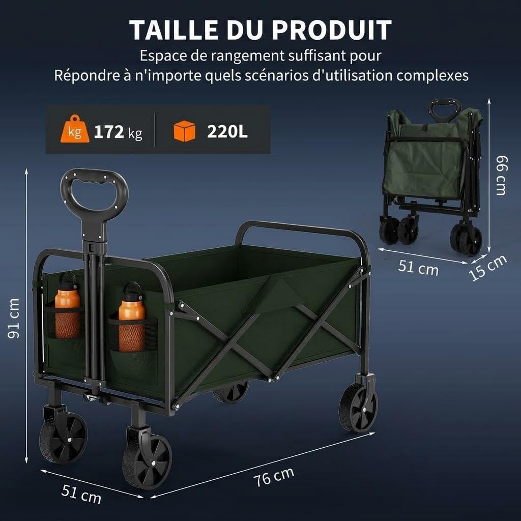 Chariot Pliable Camping 220L, Chariot De Plage Tout Terrain, Chariot De Jardin avec Roues 360° Freins, Charge 172kg, Tissu Oxford 600D, Poignée Réglable, pour Camping Plage Jardin Courses