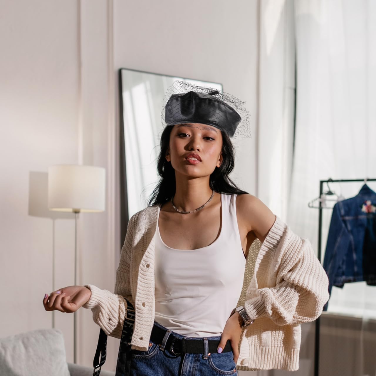 Holibanna Beret Hat PU Leather Classic French Beret Beanie Cap Hat Newsboy Fiddler Cap with Veil Artist Beret Cap for Women