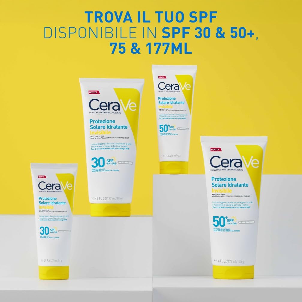 CeraVe Protezione Solare Idratante Invisibile SPF30, Per Tutte le Tipologie di Pelle, Protezione Molto Alta, Idratazione 24 ore, Texture Leggera e Invisibile sulla Pelle, 177ml