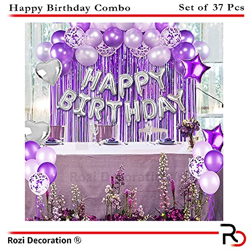 Image of Rozi Decoration Happy Birthday Purple Theme Confetti & Metallic Balloons, Heart Star Balloon Foil Fringe Curtain 16th 18th 19th 21st Purple & Silver Theme Birthday Party Kit Pack of 37 Piece
