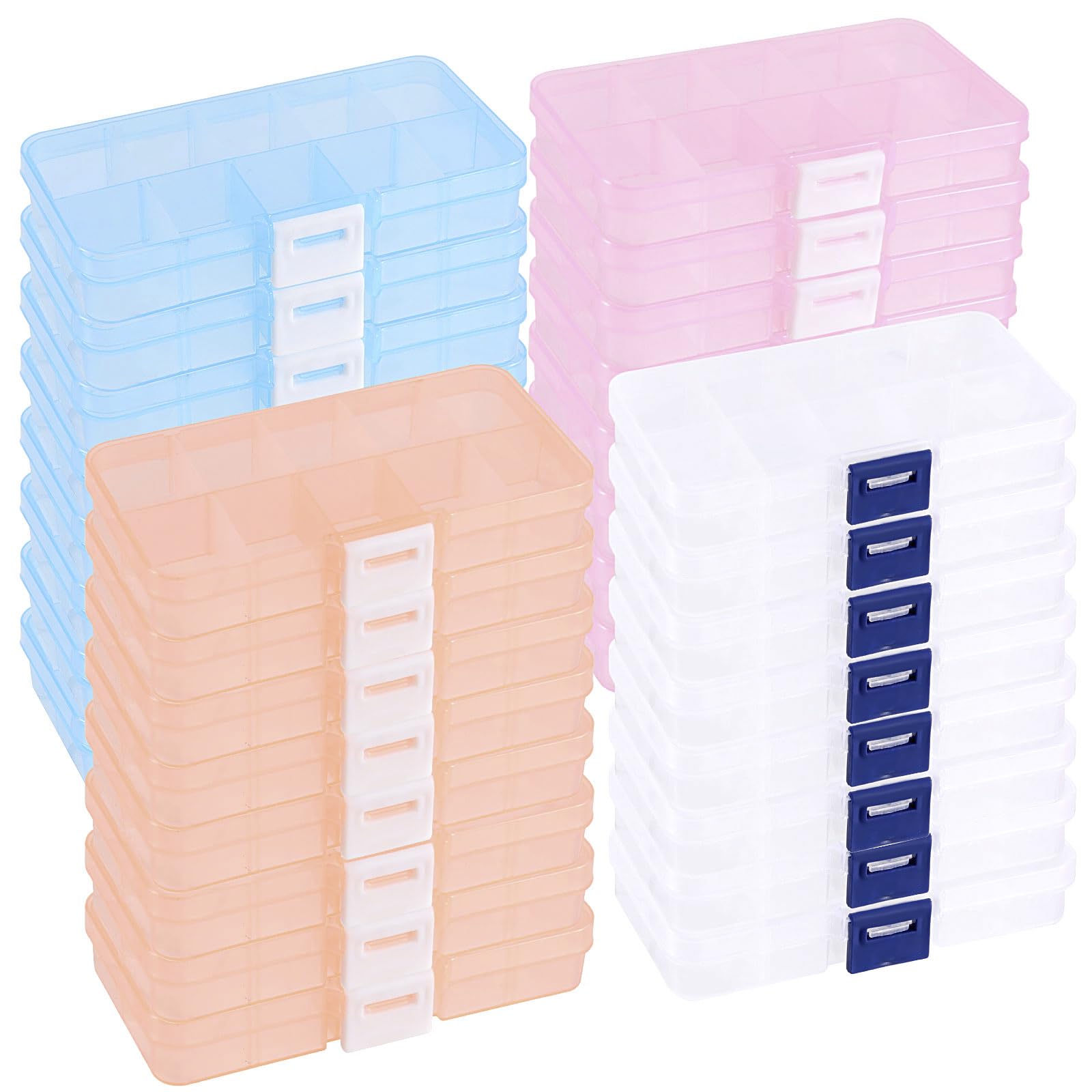 ZOENHOU Confezione da 32 contenitori in plastica con 10 scomparti, organizer in plastica colorata con divisori regolabili, per gioielli, perline, orecchini, amo da pesca, piccoli accessori, 4 colori