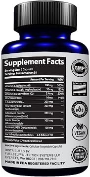 Immune Support Booster Supplement with Elderberry, Vitamin C, Echinacea, Turmeric Curcuminoids, Vitamin E, Vitamin B6, Zinc, L-Glutamine HCL, Garlic, Lactobacillus Acidophilus :: 60 Count, 1 Pack