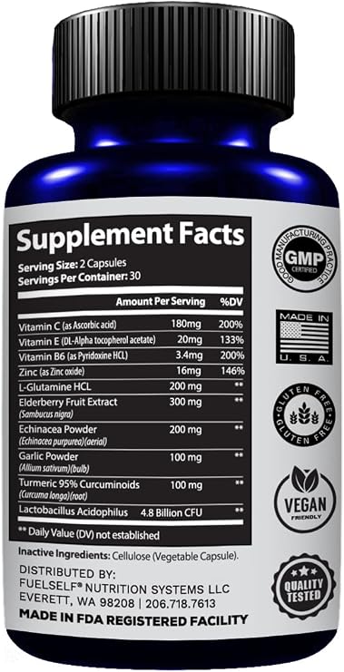 Immune Support Booster Supplement with Elderberry, Vitamin C, Echinacea, Turmeric Curcuminoids, Vitamin E, Vitamin B6, Zinc, L-Glutamine HCL, Garlic, Lactobacillus Acidophilus :: 60 Count, 1 Pack
