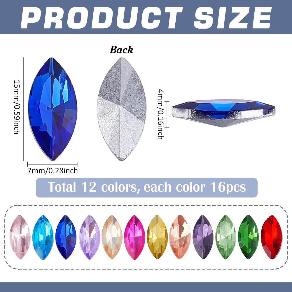 PH PandaHall 192pcs Pointed Back Rhinestones 12 Color Horse Eye Crystal Rhinestones Faceted Glass Rhinestone Glitter Gems Embelishments for Jewelry Wedding Bridal Decoration Christmas Craft, 15x7mm - Image 2