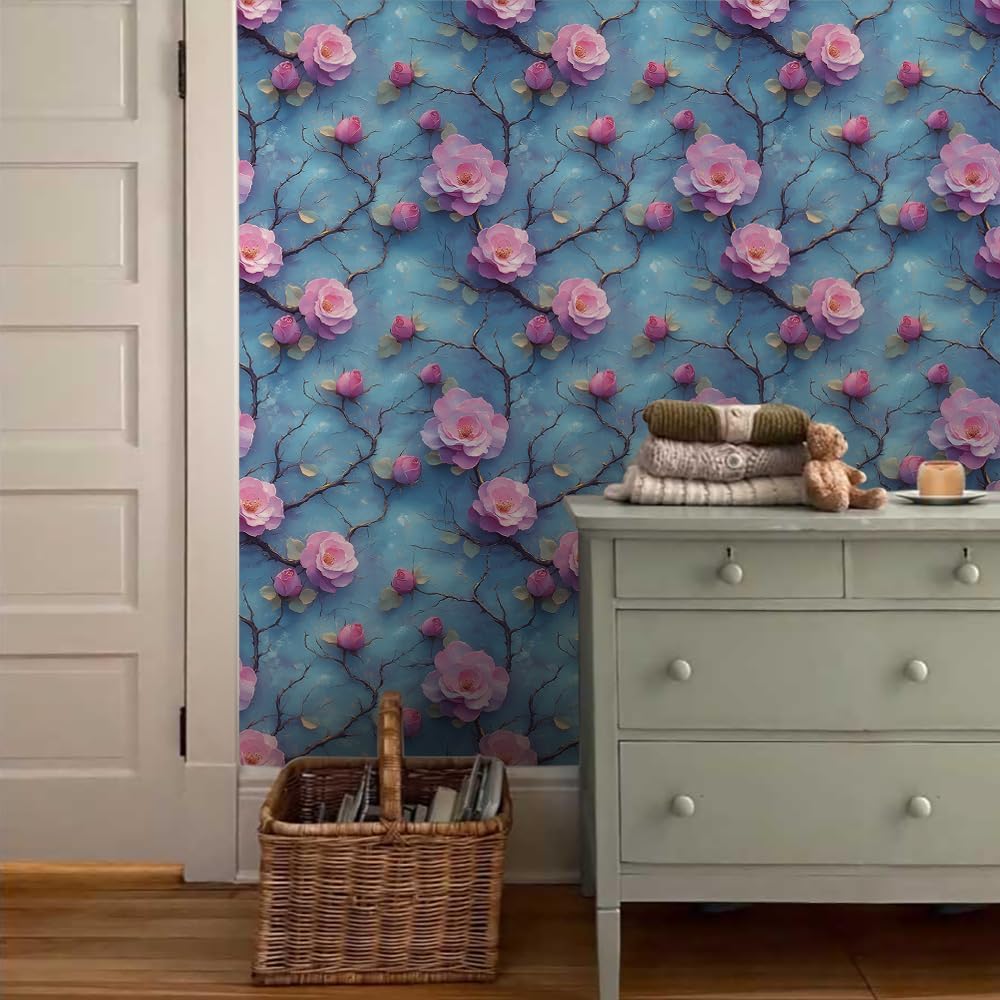 Pink Blue Rose Flowers Vintage Peel and Stick Wallpaper Wall Decor Self Adhesive Wall Paper Stick on Easy Peel Off Contact for Renter Apartment