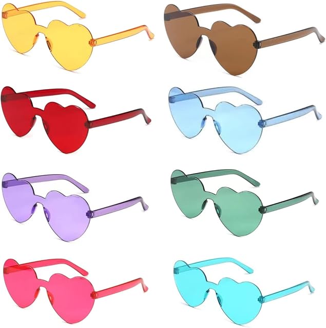 ojussa Party Glasses 8 Pcs Heart Shaped Glasses Hippie Rimless Glasses Funky Sunglasses Festival Glasses for Adults and Kids