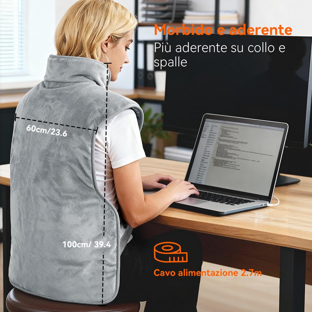 Scaldacollo Elettrico Riscaldante 60x100cm, Design Extra Lungo con Cintura - 6 Temperature Regolabili, 4 Impostazioni Timer e Cavo 2.7m per Cervicale e Schiena